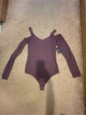 Express burgundy and black striped bodysuit with cut out shoulders Size L
